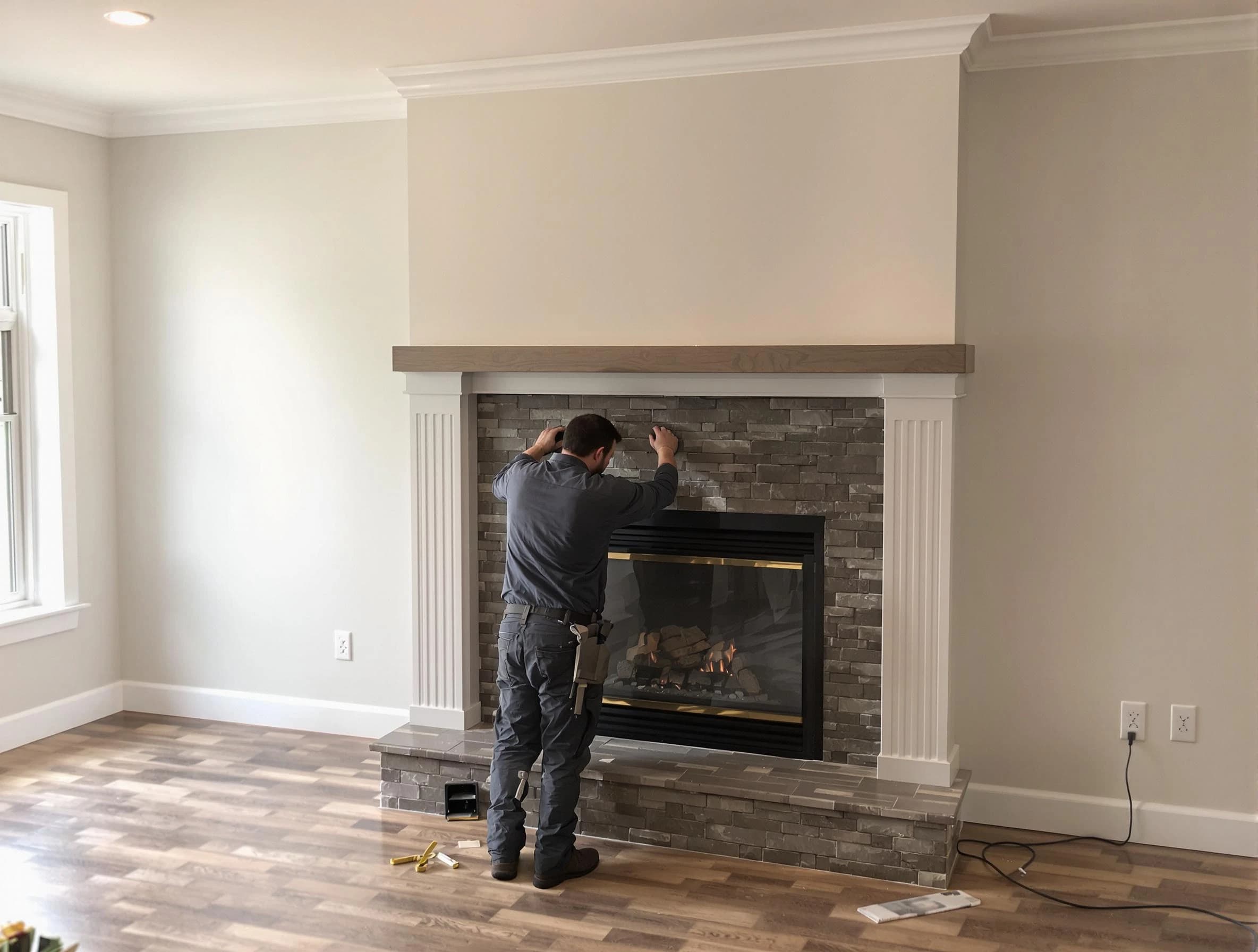 Glendale Chimney Sweep finishing a custom fireplace install in Glendale, AZ